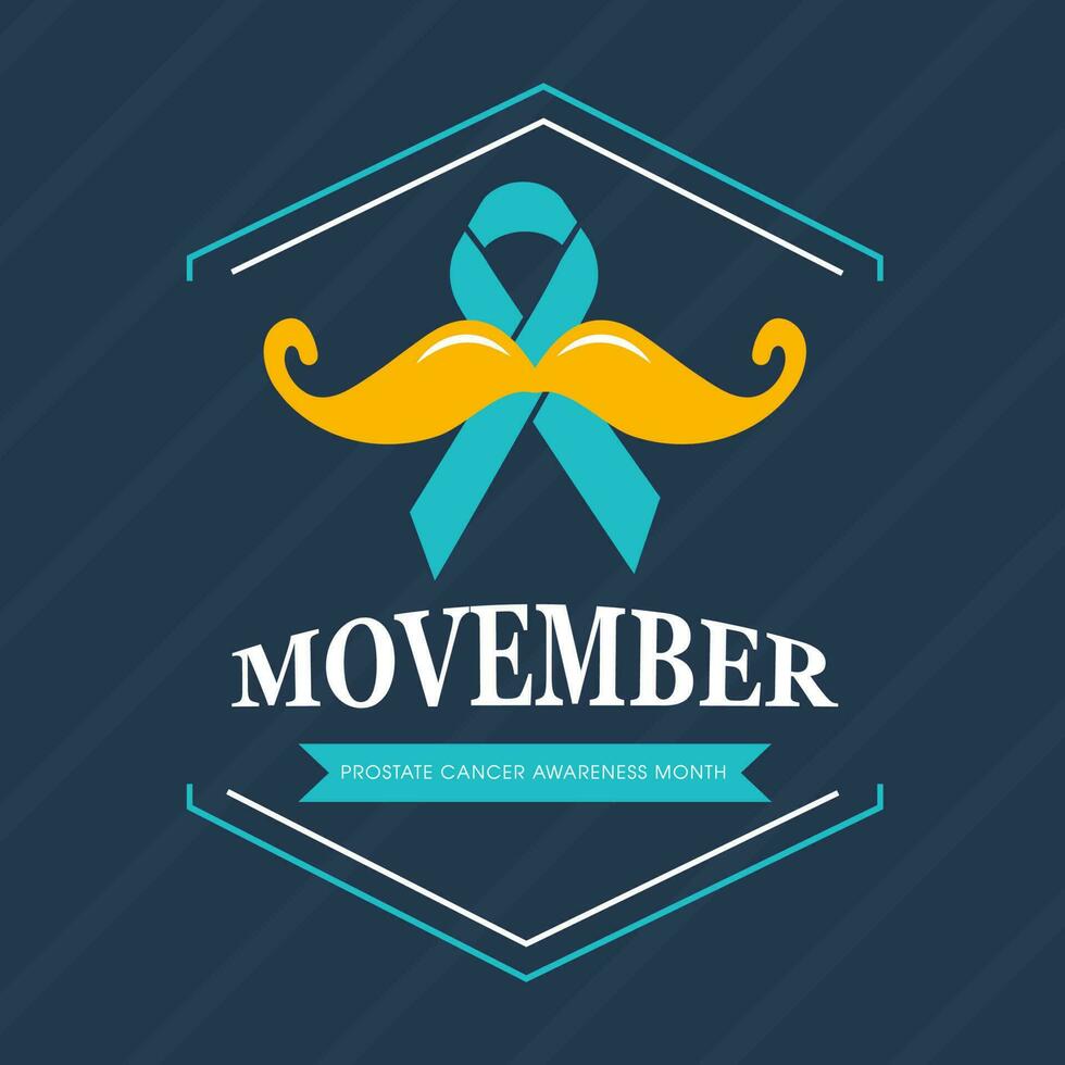 Flat style poster or template design with Aids ribbon and mustache on stripes blue background for Movember Prostate Cancer Awareness Month concept. vector