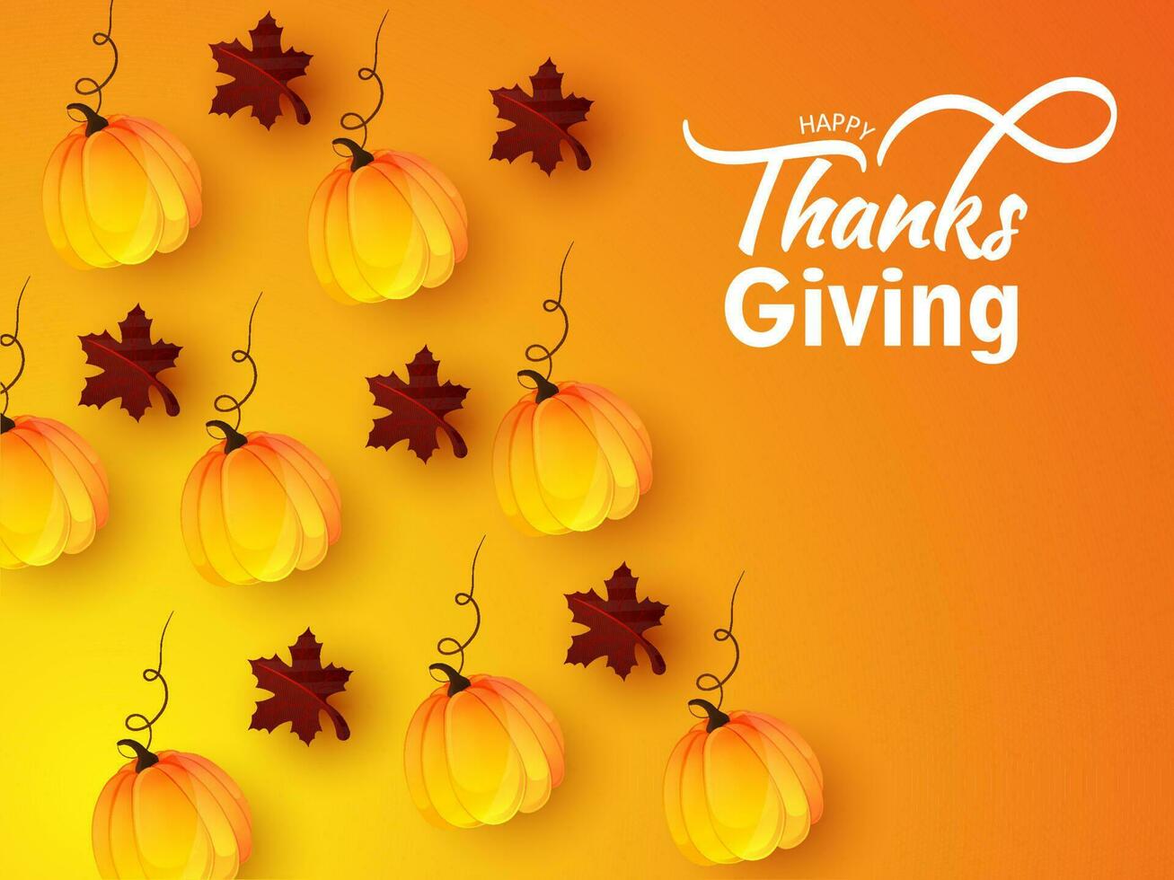 Happy Thanksgiving celebration poster design decorated with pumpkins and maple leaves on orange and yellow background. vector