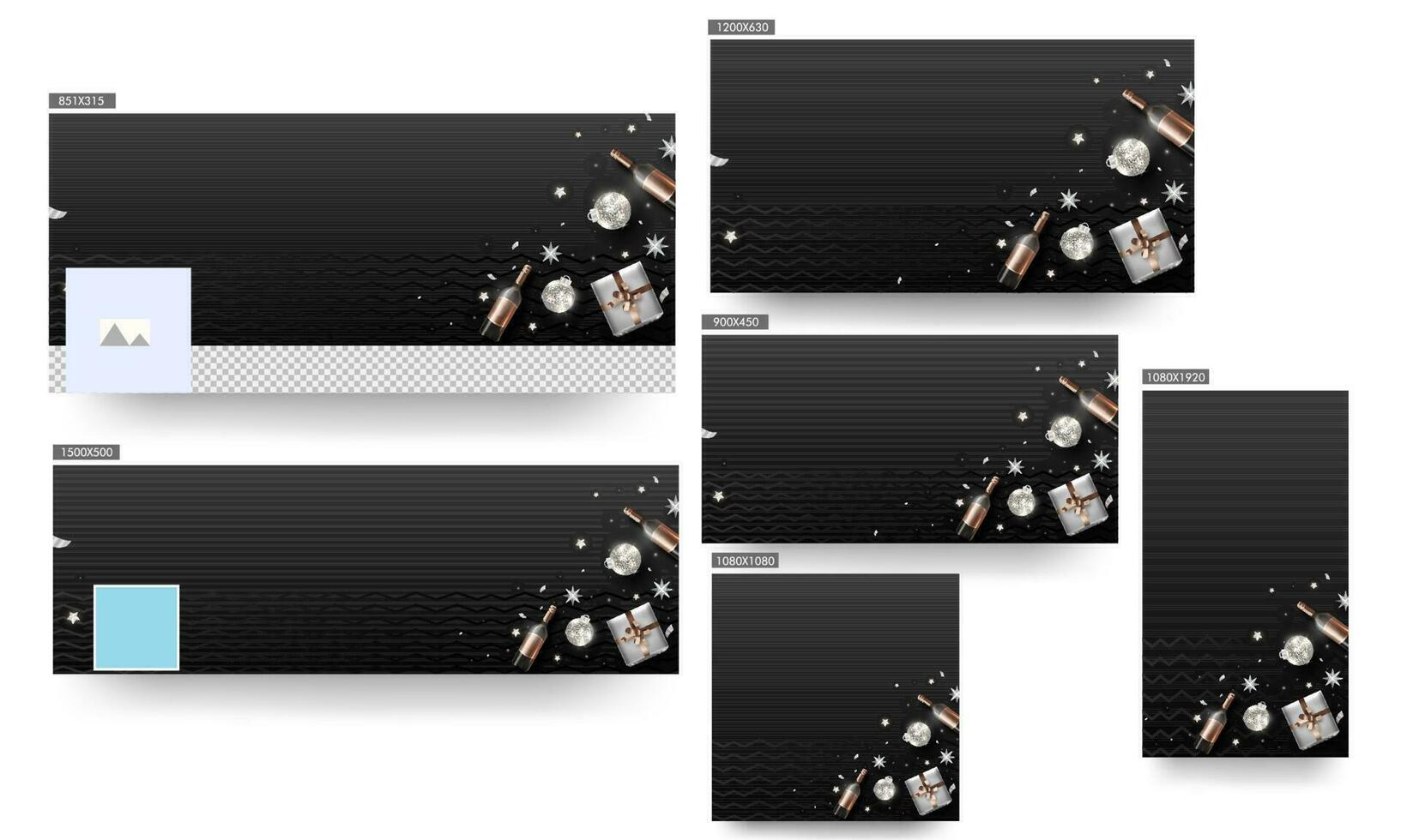 Black Header or Banner, Post and Template Design Decorated with Top View Gift Box, Disco Balls, Champagne Bottles and Silver Stars. vector