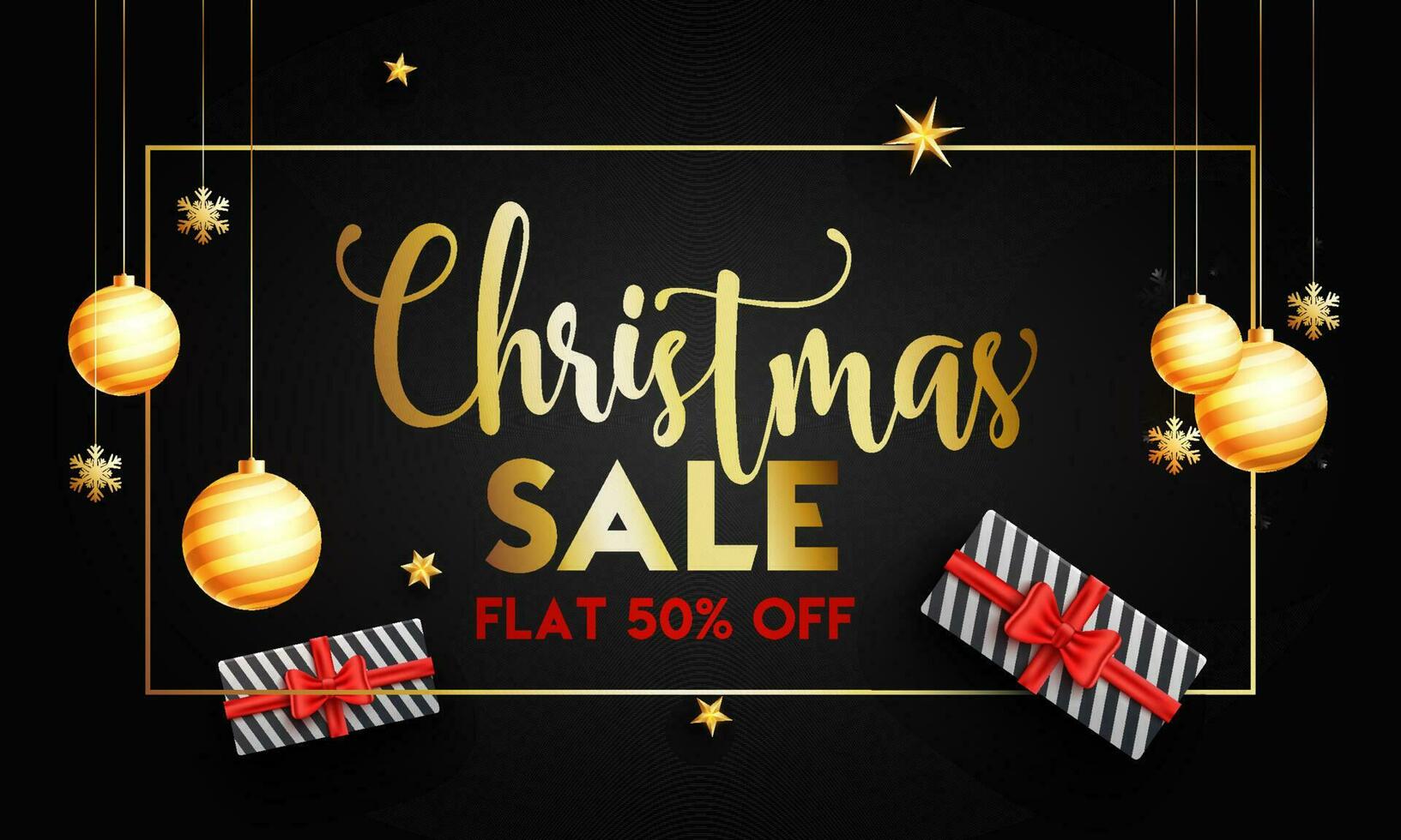 Christmas Sale banner or poster design with discount offer, hanging baubles and gift boxes on black background. vector