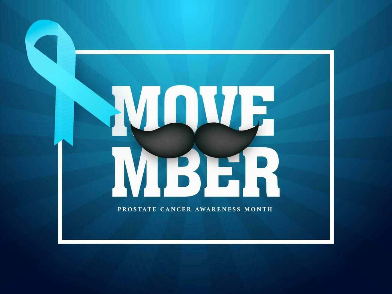 Typography of Movember with mustache and Aids ribbon on blue rays background for Prostate Cancer Awareness Month concept based banner or poster design. vector