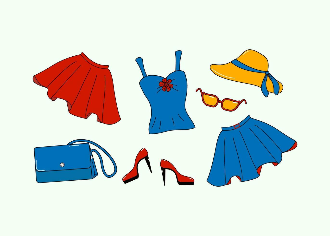 ropa, verano y brillante accesorios . conjunto de vistoso falda, bolsa, zapatos, Gafas de sol y sombrero , garabatear estilo. vector ilustración.