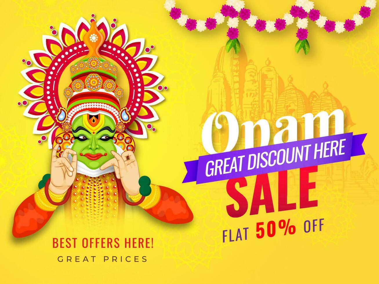 Onam Sale banner or poster design with discount offer and illustration of Kathakali dancer on yellow floral pattern background. vector