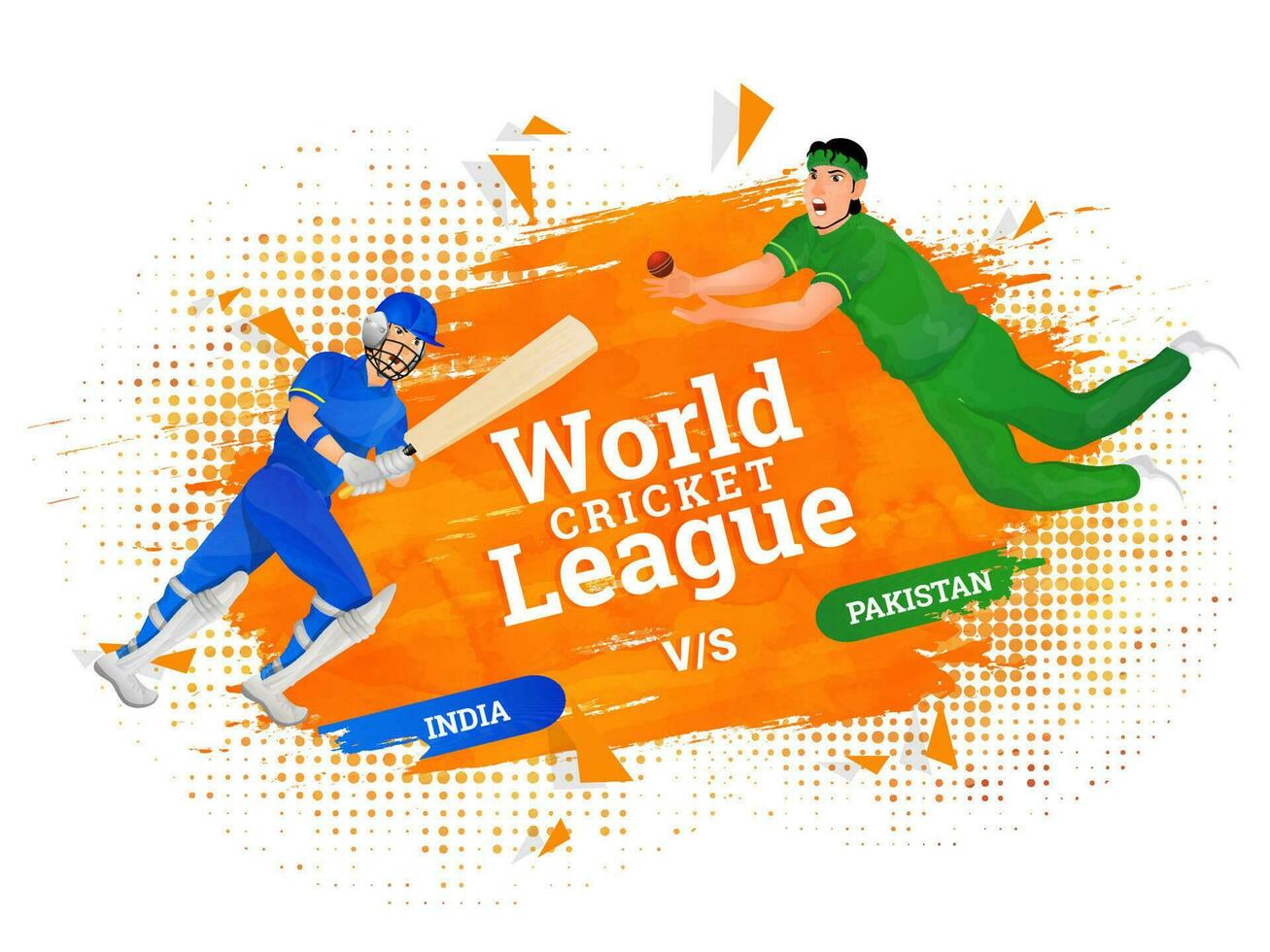 mundo Grillo liga póster diseño con Grillo jugadores personaje de partícipe equipo India vs Pakistán. vector