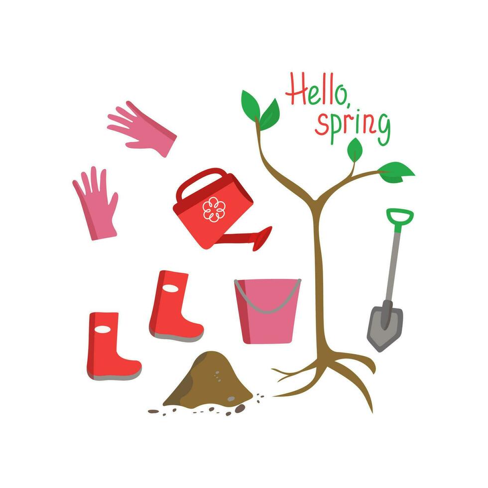 Tree planting set. Fruit Tree Day. Work in the garden, tools. Vector illustration.