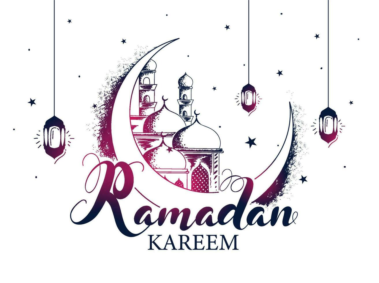 Ramadan Kareem Font with Sketching Crescent Moon, Mosque, Stars and hanging Arabic Lanterns Decorated on White Background. vector