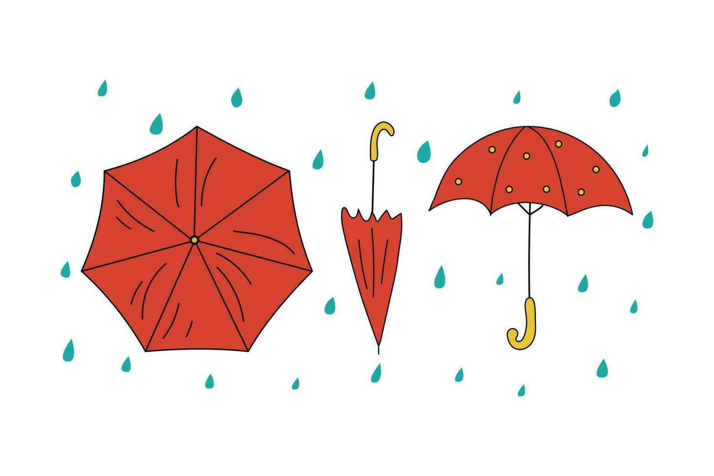 Set of drawings of umbrellas. Bright umbrella and raindrops. The rainy season. Rainy weather. vector