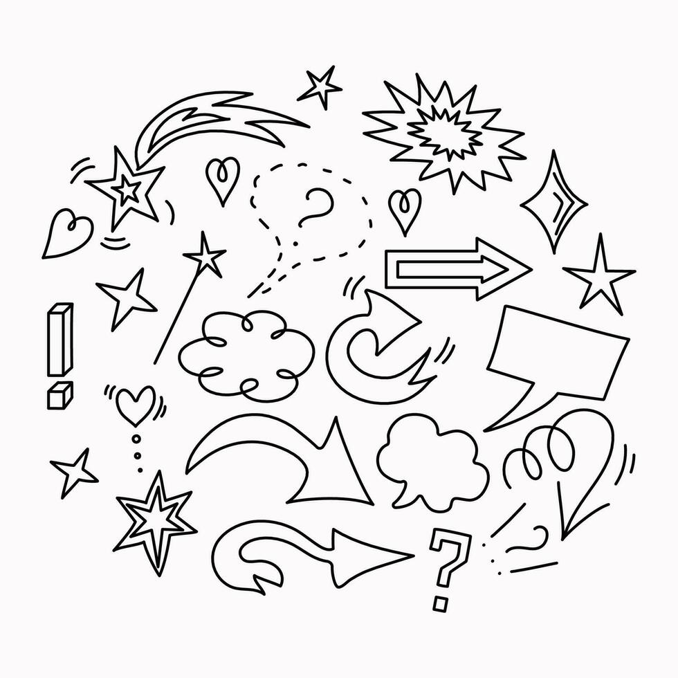 Set of vector icons in doodle style. Vector icons stars, arrows, speech bubble. Sketch. Talking cloud, question mark, exclamation mark.