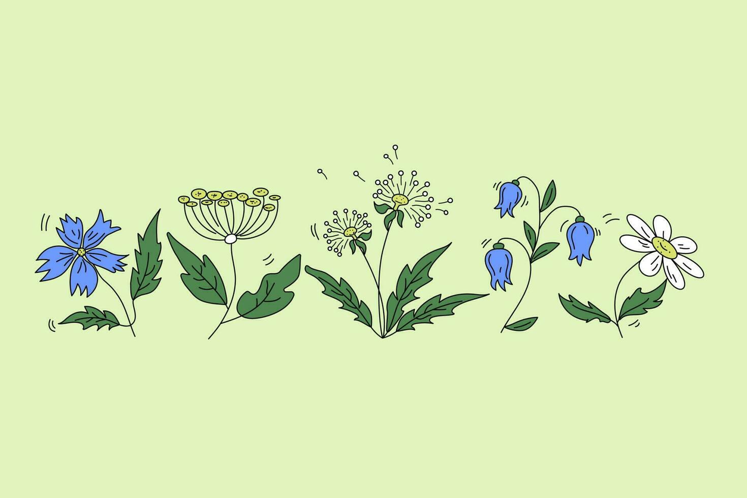 Set of meadow flowers doodles. vector