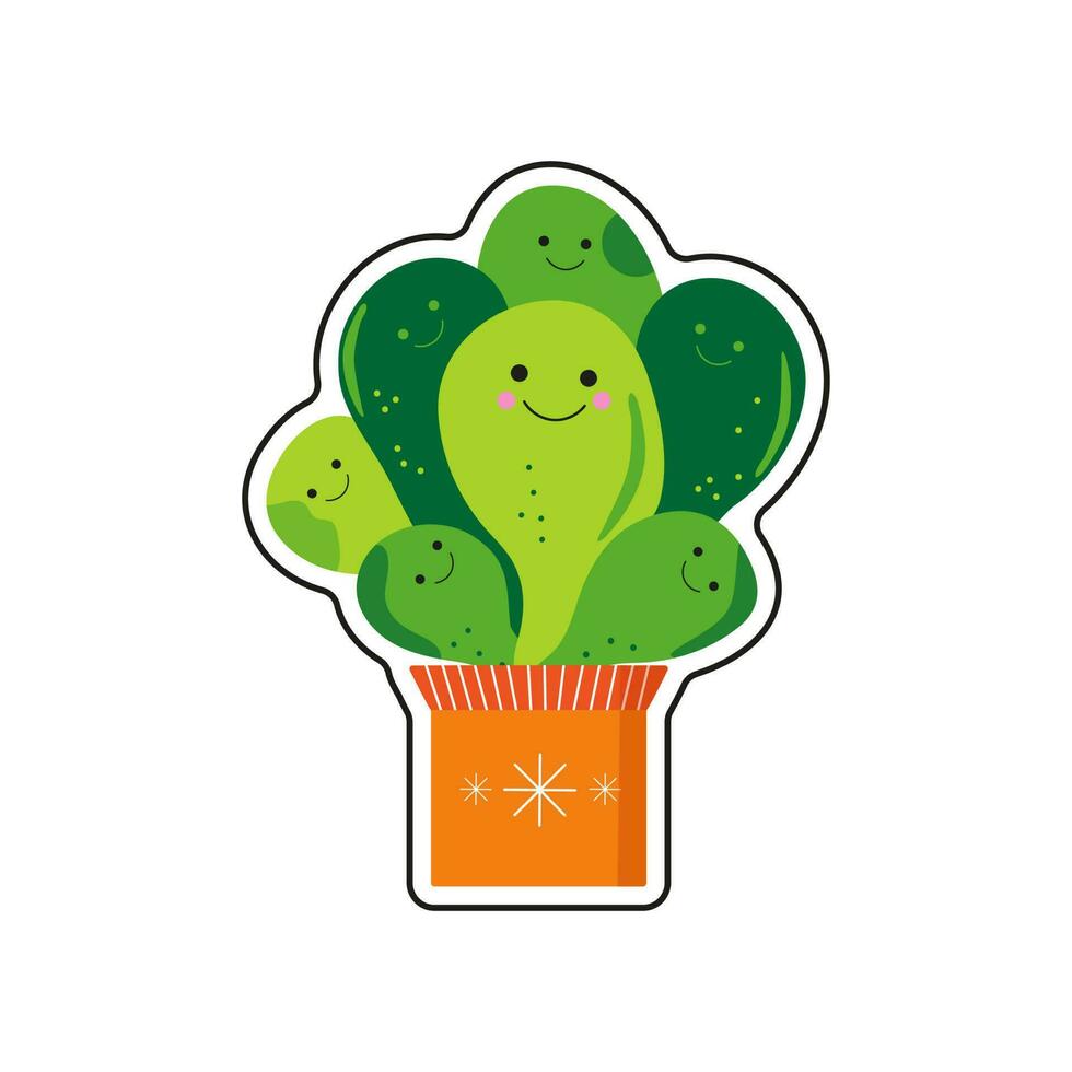 Potted plant, houseplant. Sticker. A hasty cactus with eyes in a pot. Cartoon flowers, succulents. Vector illustration, background isolated.