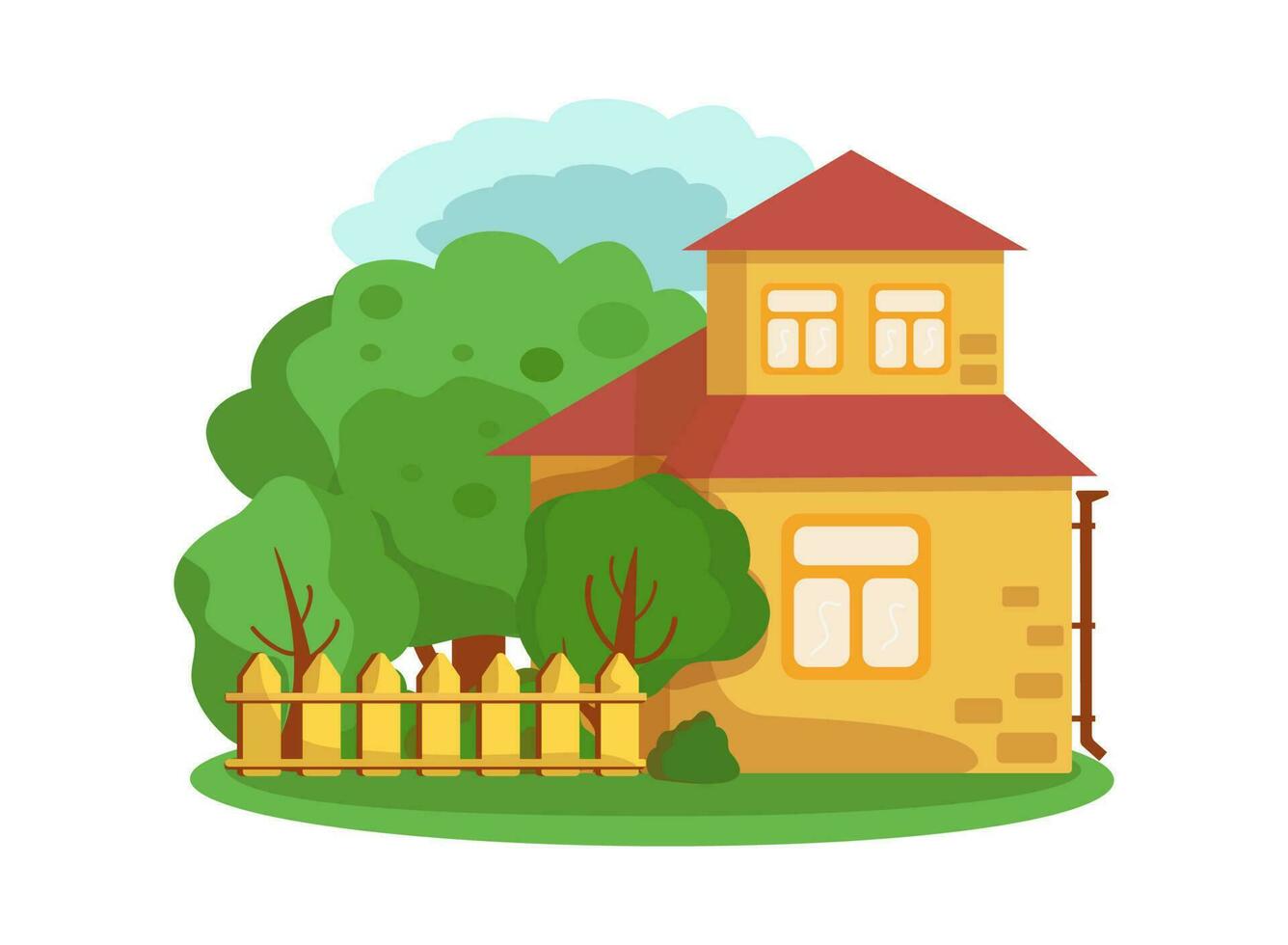 Building, a wooden house with a fence. Country house in the countryside with garden, trees.  Flat design. Vector illustration.