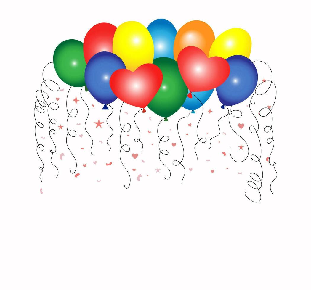 Multicolored balloons. Serpentine, confetti. Festive design for birthday cards, Valentine's Day, weddings. Vector illustration.