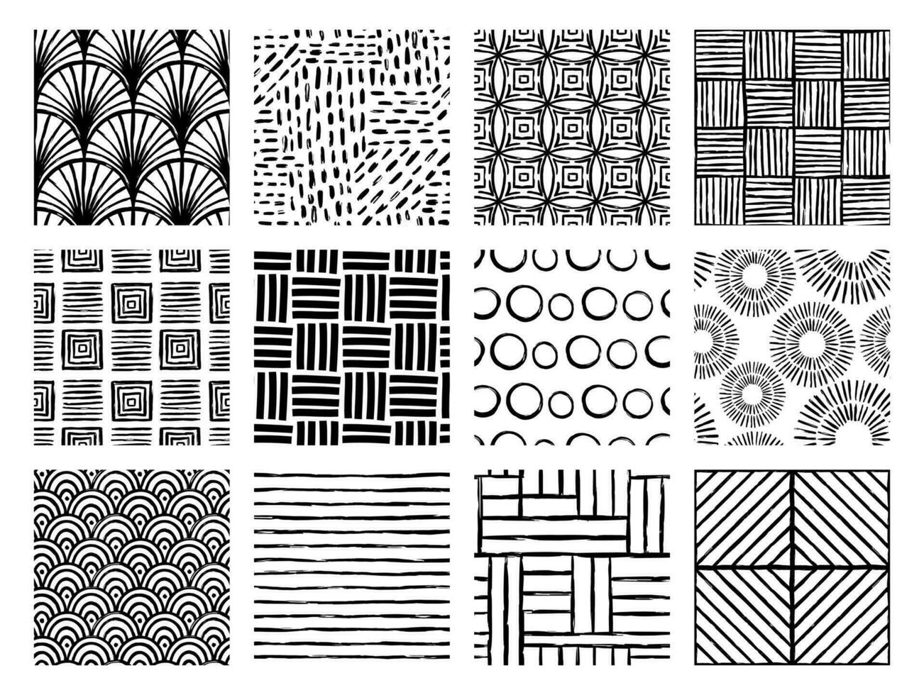 Set of Aesthetic Contemporary printable seamless pattern with abstract Minimal elegant line brush stroke shapes and line in black and white colors. vector