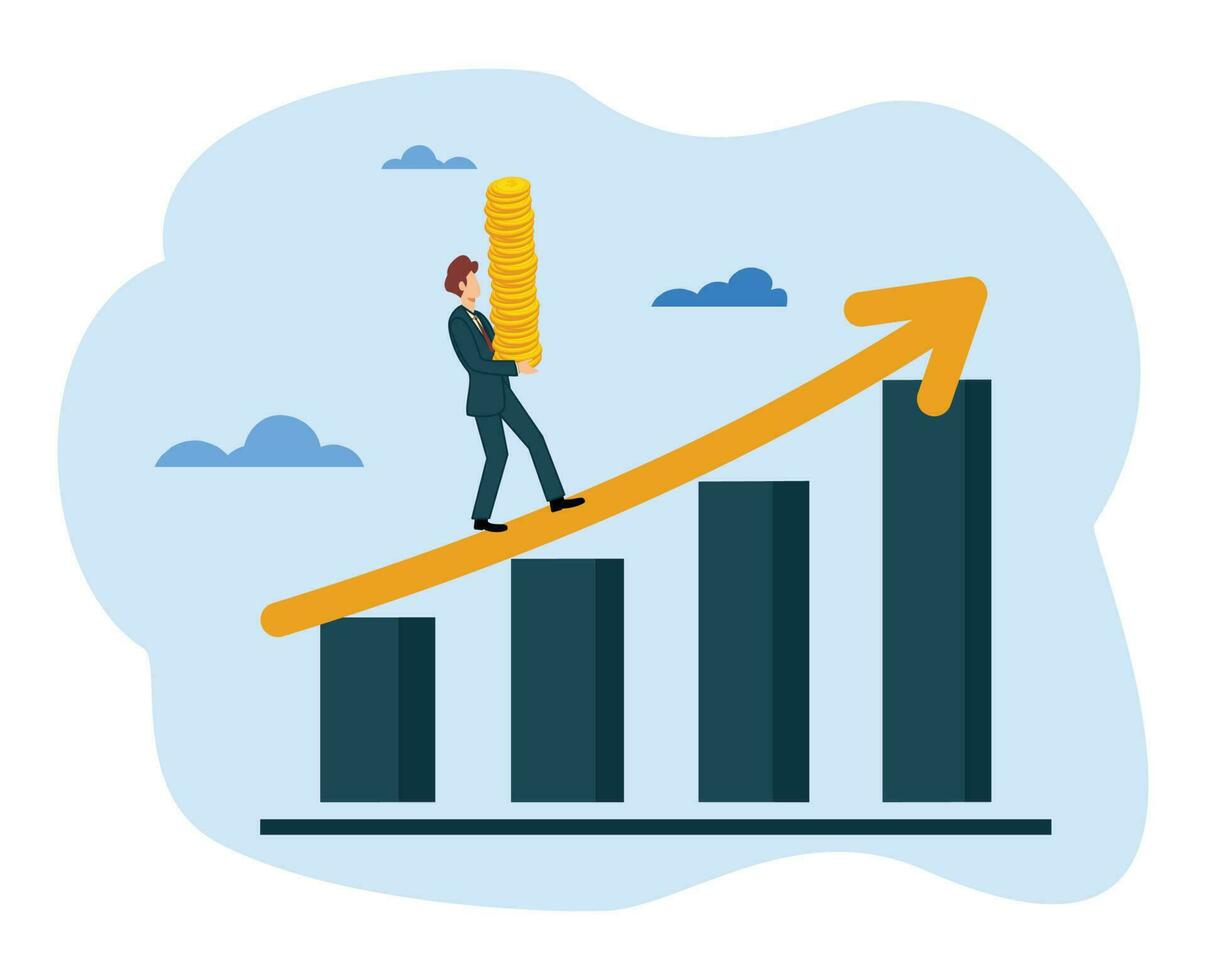 incrementar ingresos ingresos inversión lucro creciente. empresario que lleva moneda terminado negocio gráfico vector