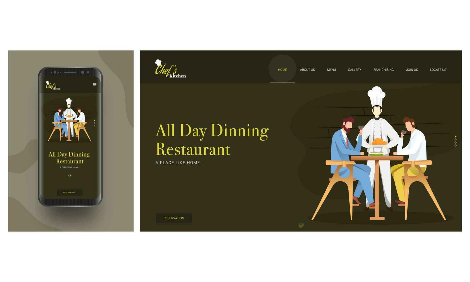 Online Restaurant app in smart phone with chef serving chicken to customers man sitting on dining table. vector