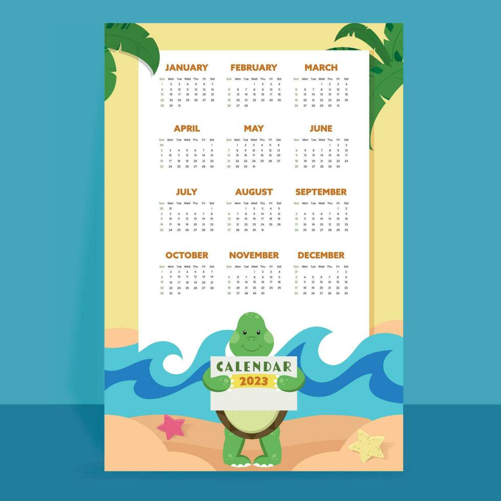 2023 Yearly Calendar Template Or Poster Design With Cartoon Turtle Illustration Against Blue Background. vector