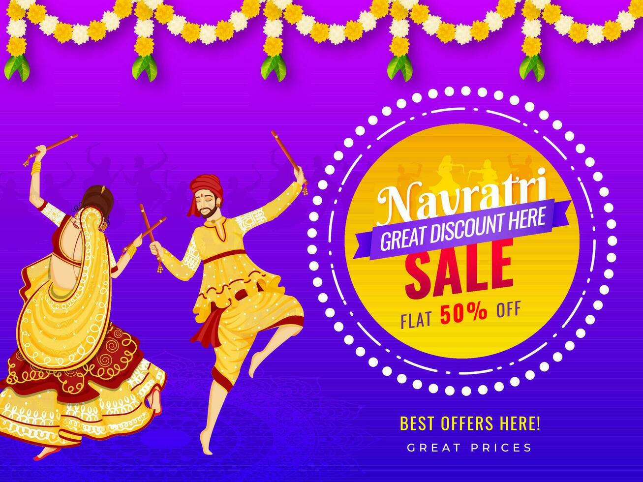 Sale banner or poster design with discount offer and illustration of couple playing Dandiya on the occasion of Navratri Festival. vector