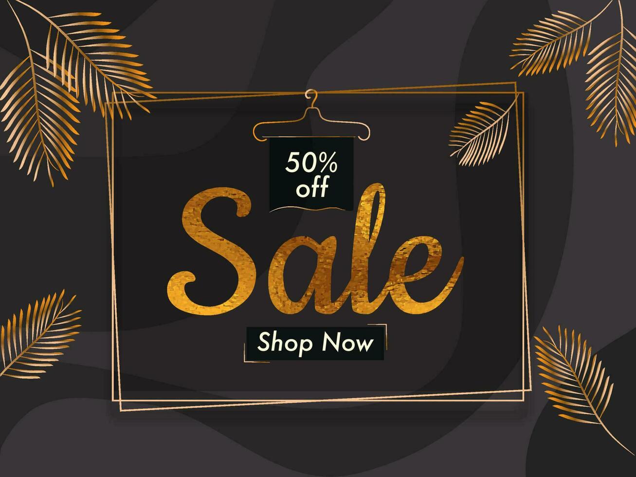 Sale poster or template design with discount offer on black background decorated with golden palm leaves. vector