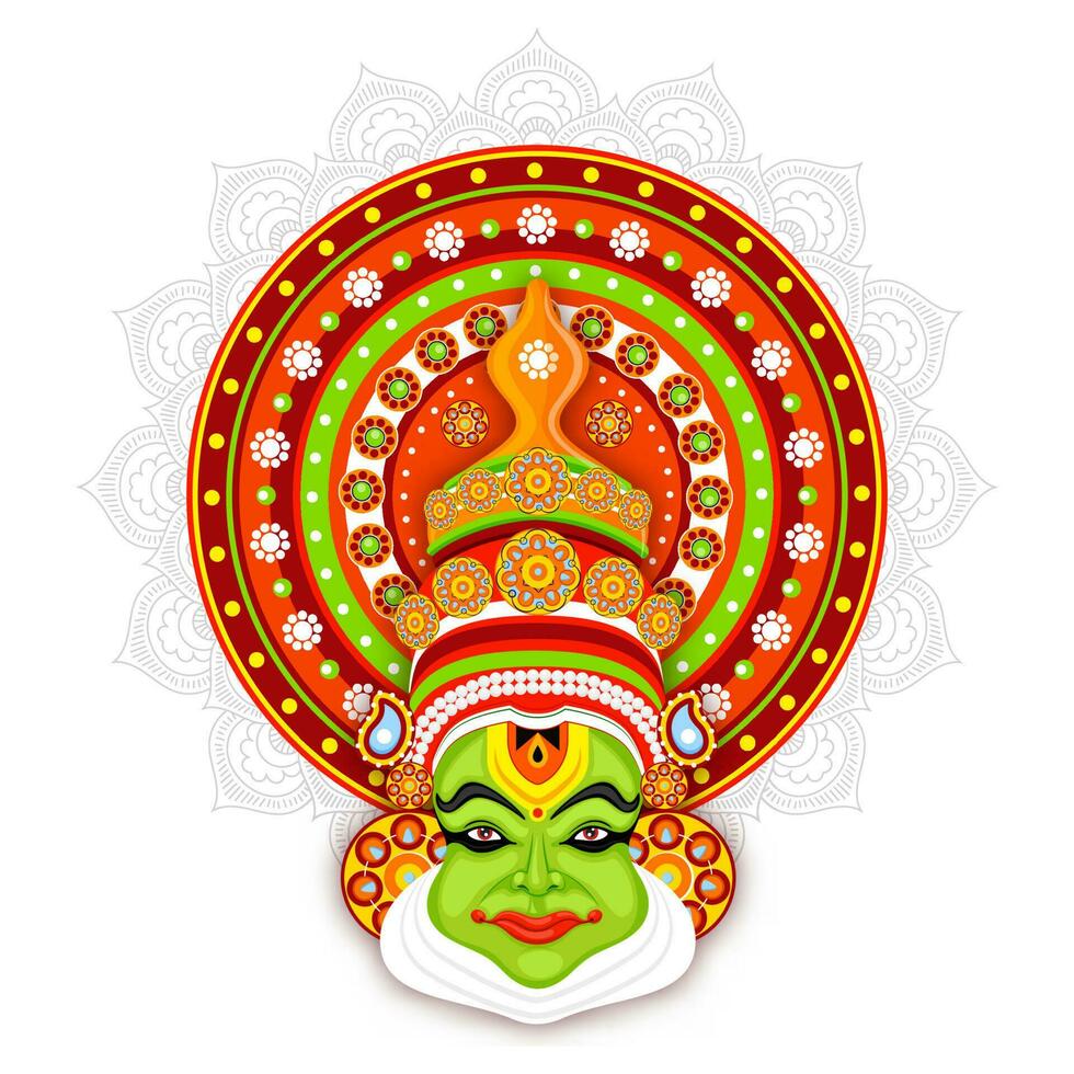 Illustration of Kathakali dancer face on mandala pattern background. vector