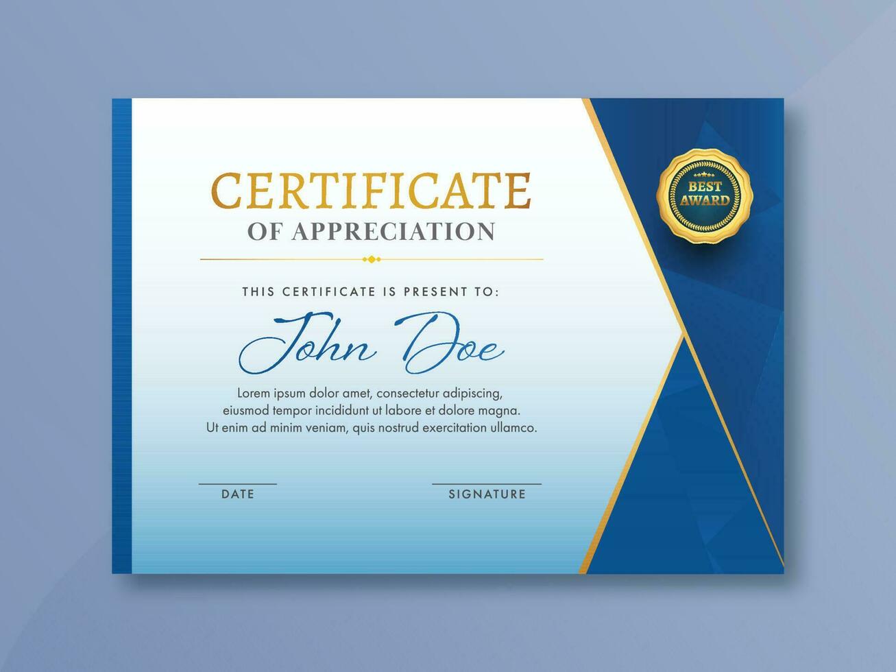 Blue and White Certificate Of Appreciation Template Design with Golden Badge Or Label. vector