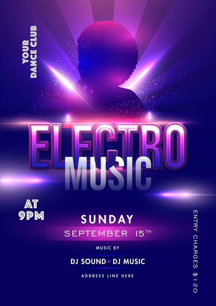 Electro Music Template or Flyer design with Silhouette Woman and Event Details on Lighting Effect Purple Rays background. vector