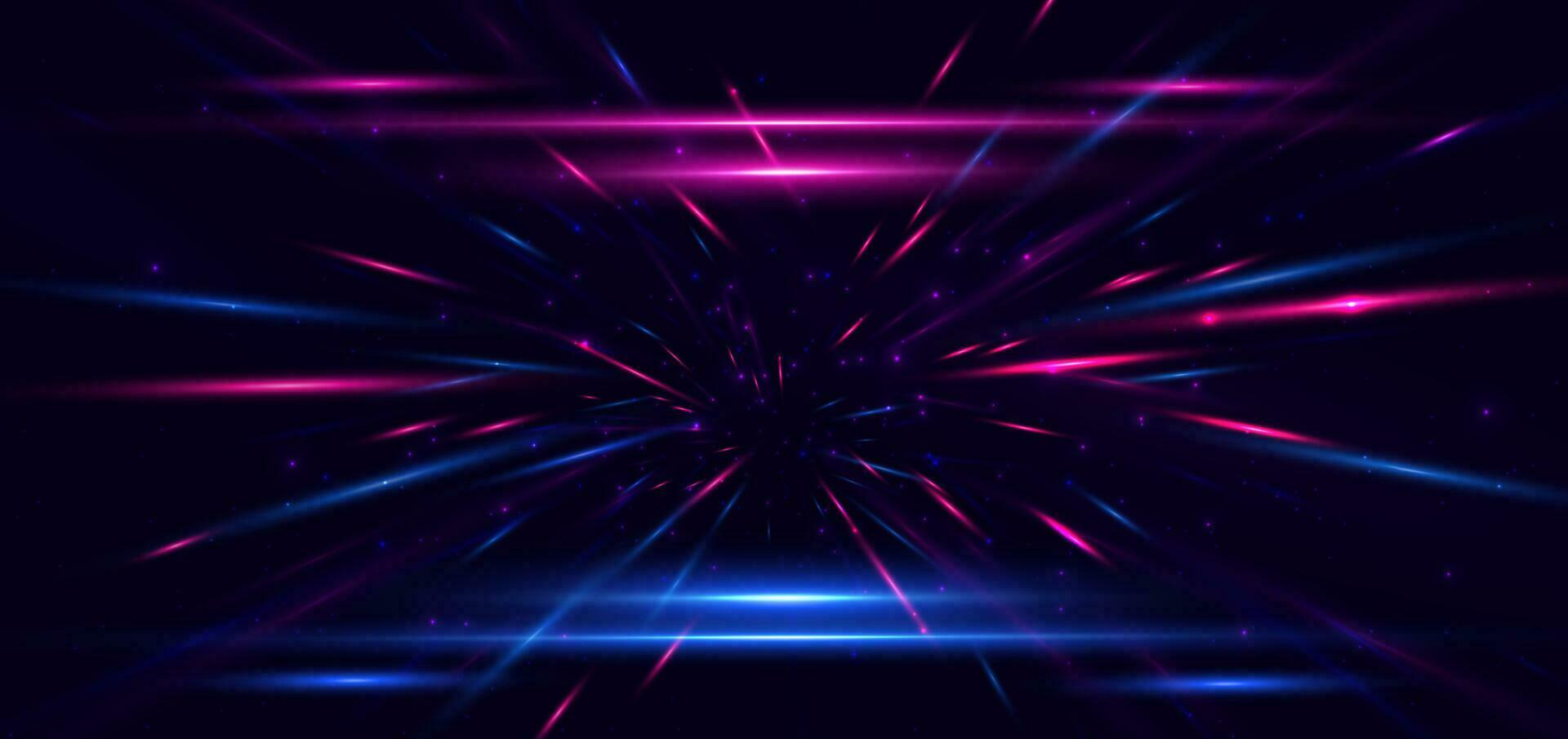 Abstract technology futuristic neon glowing blue and pink light lines with speed motion blur effect on dark blue background. vector