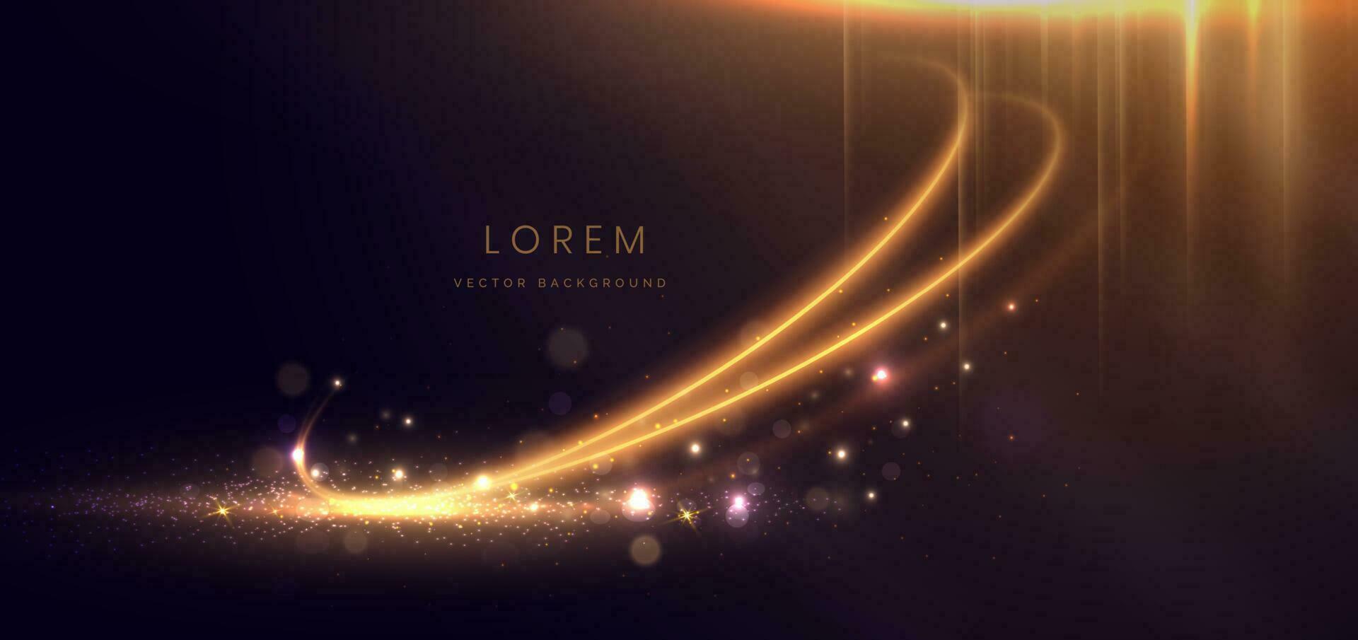 Abstract glowing gold curved lines on dark  background with lighting effect and sparkle with copy space for text. Luxury design style. vector
