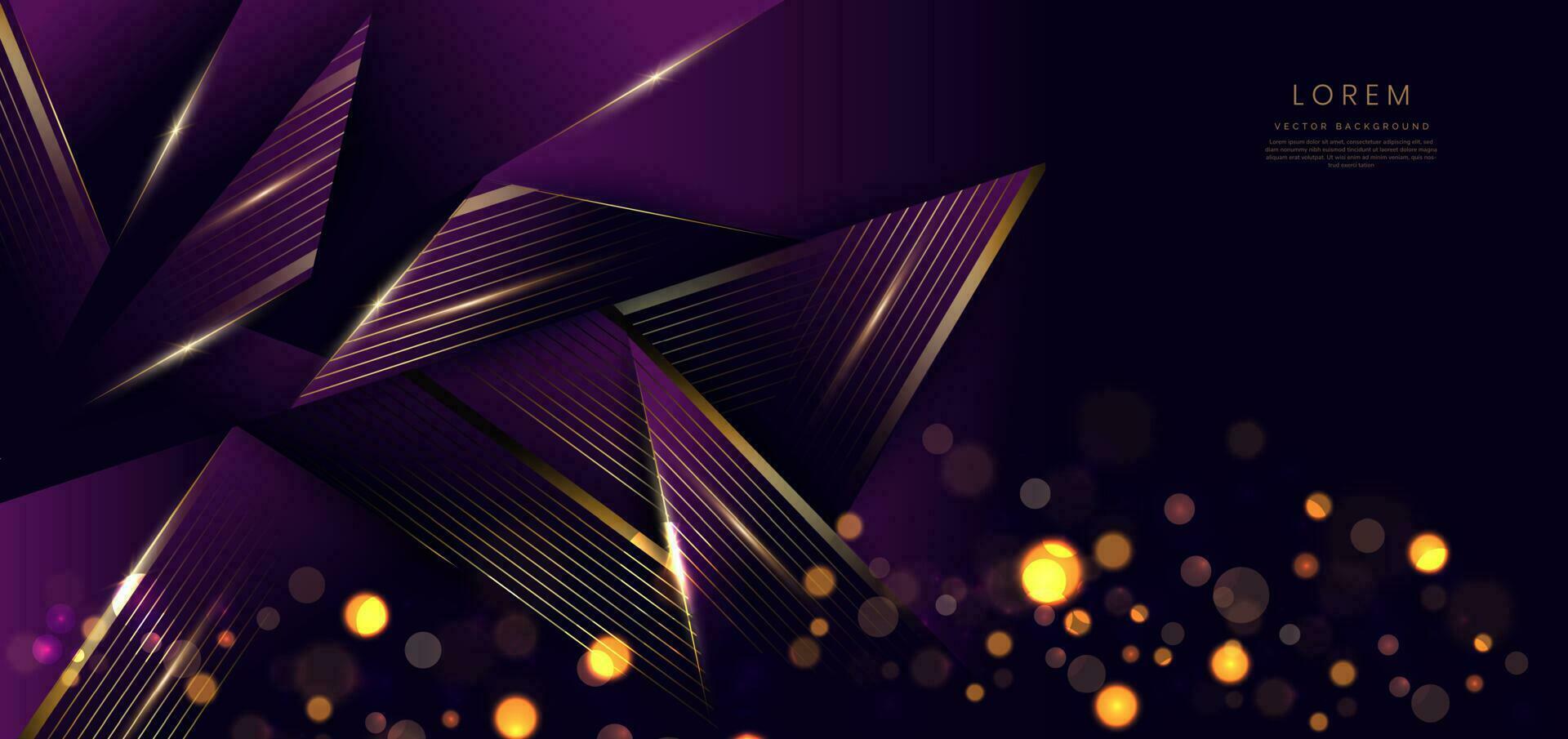 Luxury triangle elegant purple with golden lines and light effect and bokeh with copy space for text. Template award design. vector