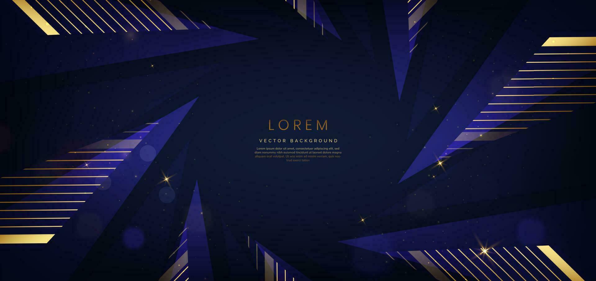 Luxury triangle elegant blue on dark blue background with golden lines and light effect and bokeh with copy space for text. Template award design. vector