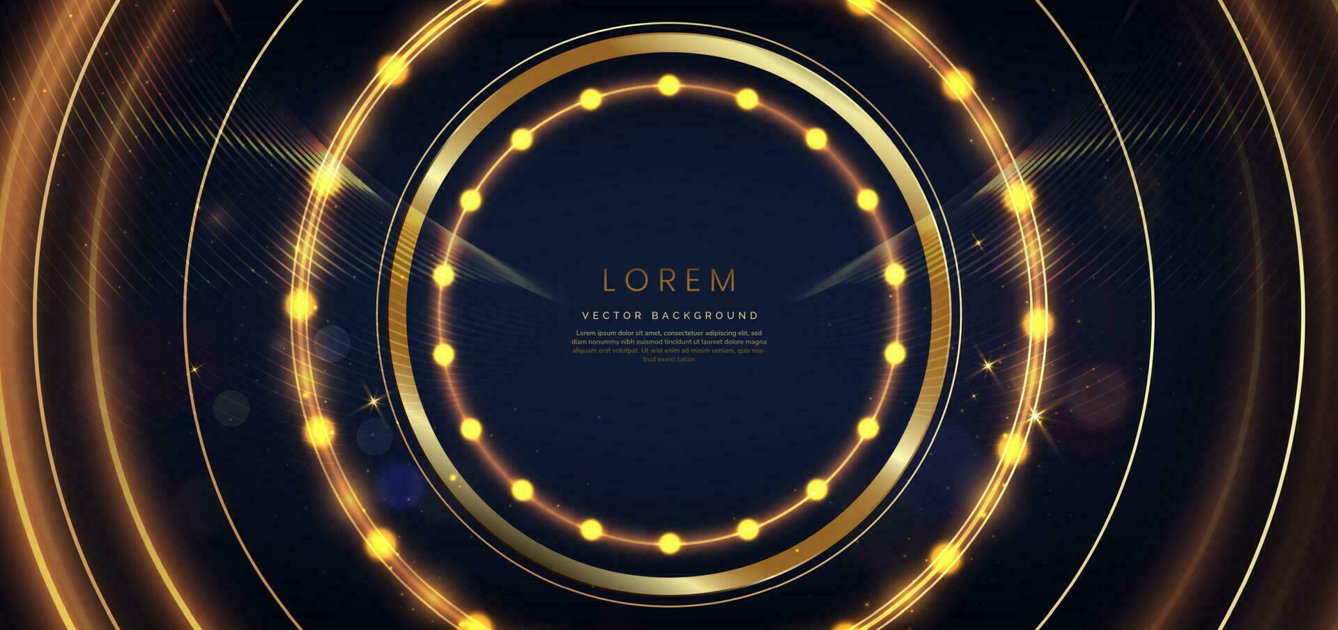 Abstract golden circle lines glowing with lighting effect on dark blue background and bokeh. Template premium award design. vector