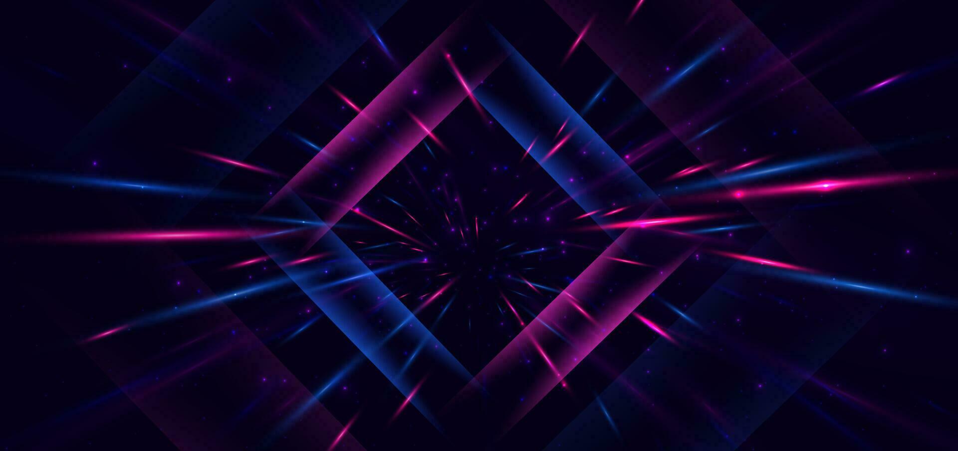 Abstract technology futuristic square neon glowing blue and pink light lines with speed motion blur effect on dark blue background. vector