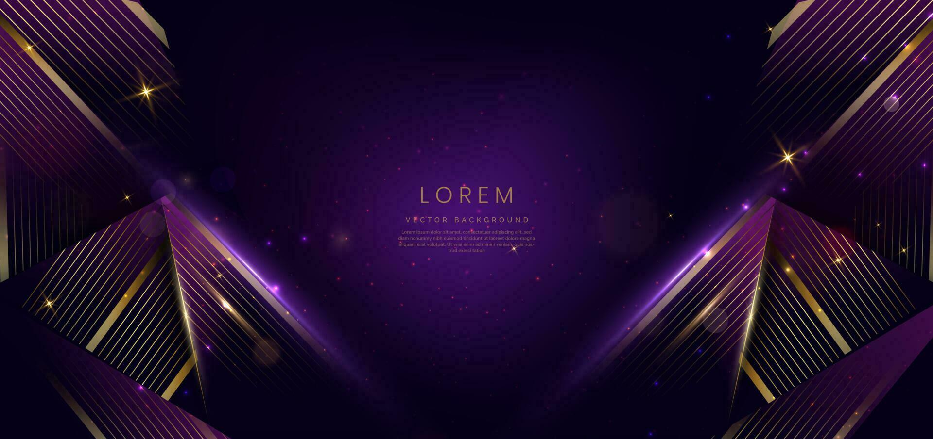 Luxury triangle elegant purple with golden lines and light effect and bokeh with copy space for text. Template award design. vector