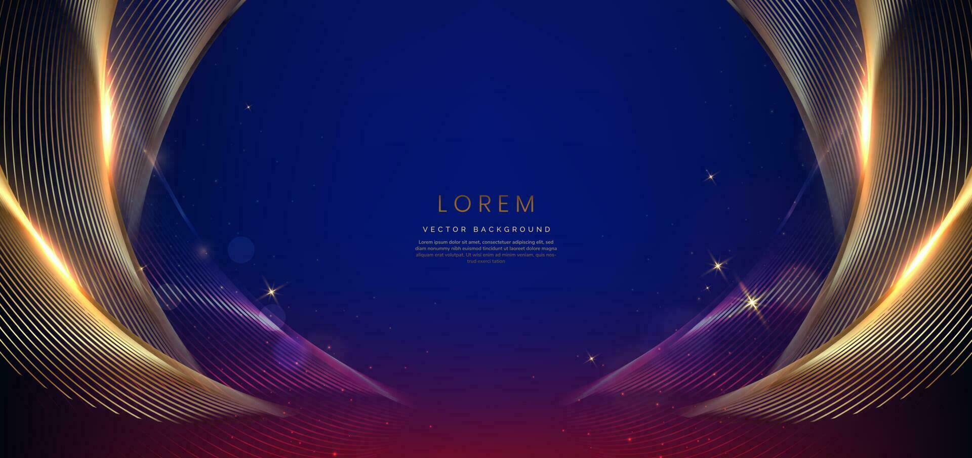 Abstract elegant dark blue background with golden curved line and lighting effect. Luxury template celebration award design. vector