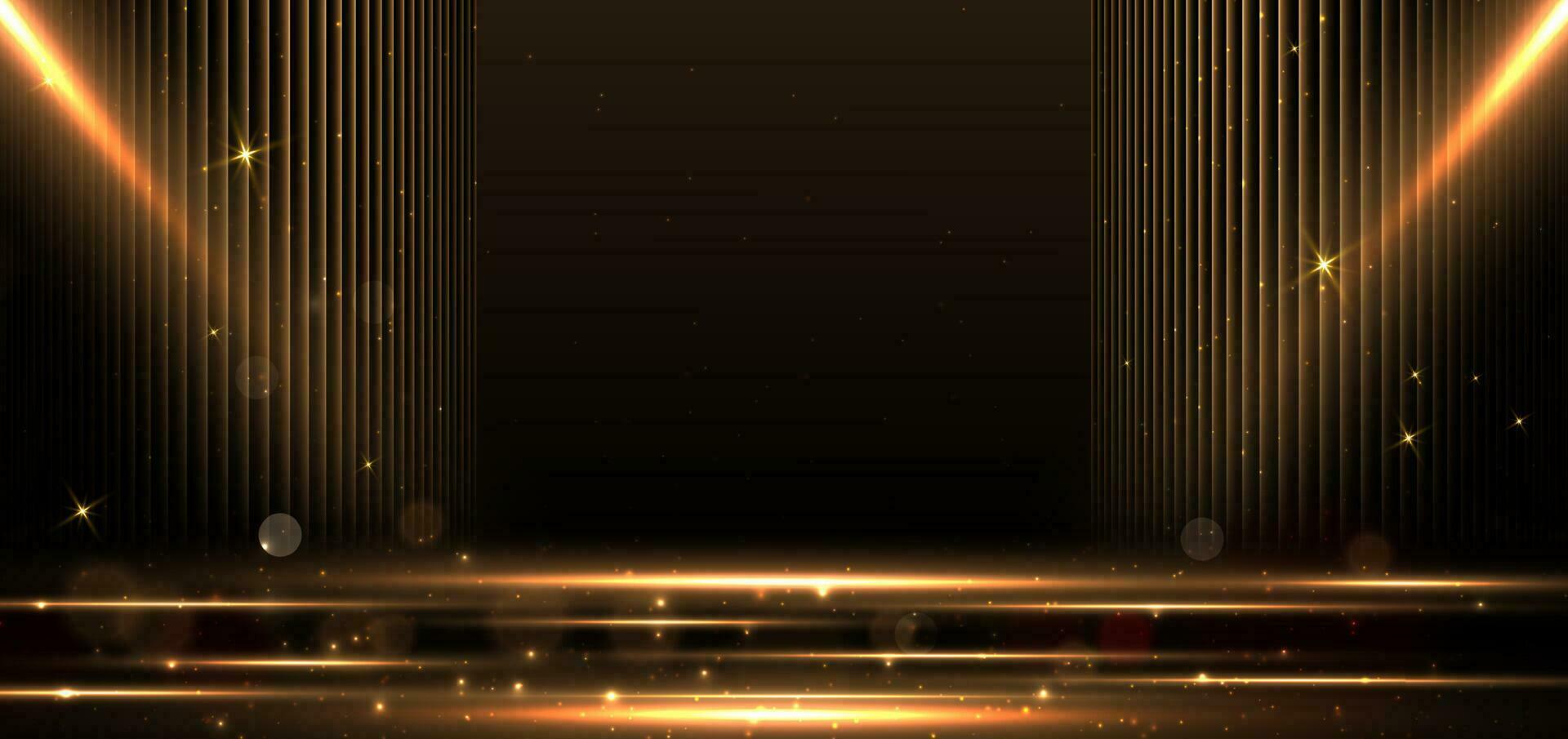 Elegant golden stage horizontal glowing with lighting effect sparkle on black background. Template premium award design. vector