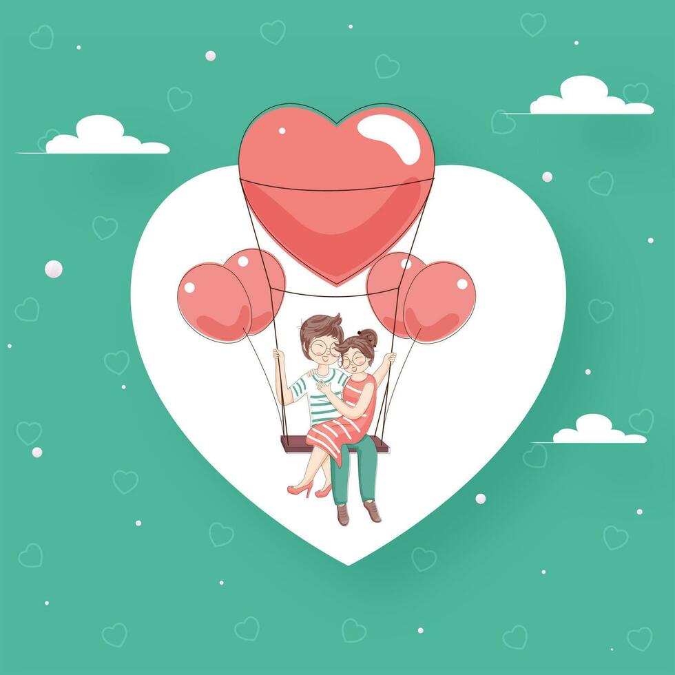 plano estilo ilustración de amoroso Pareja en columpio con globos en verde y blanco corazón forma antecedentes para contento San Valentín día celebracion. vector