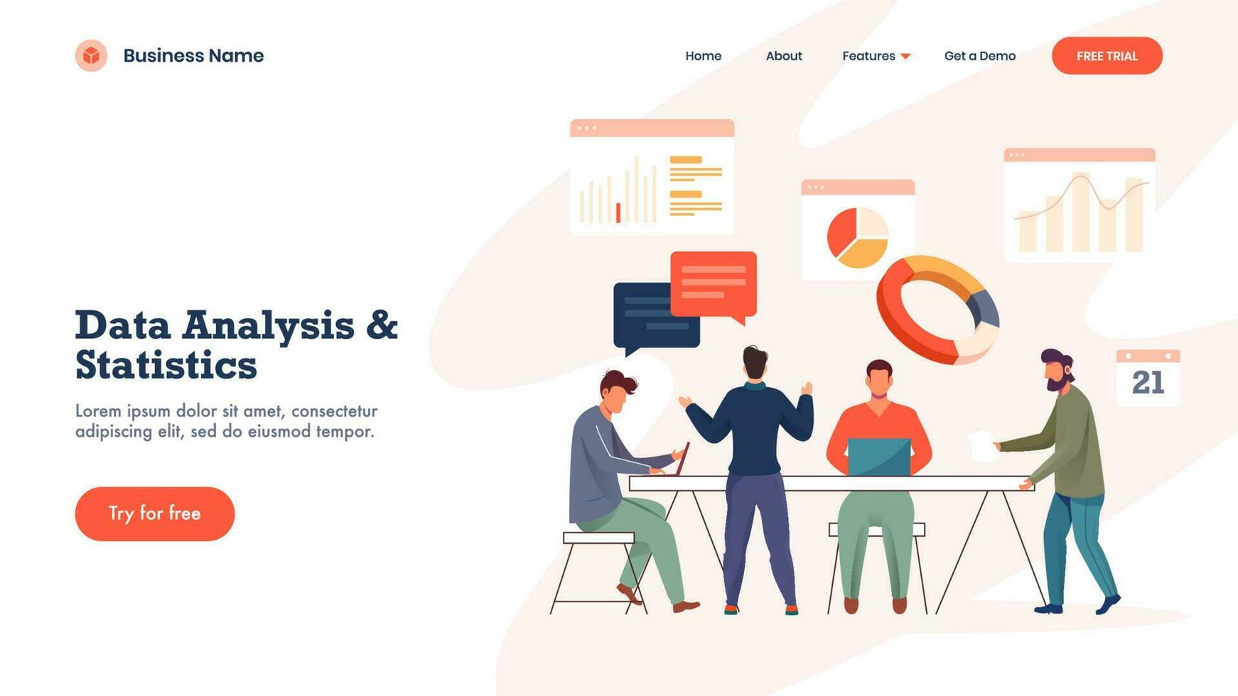 Data Analysis and Statistics concept based landing page design with business men working together on workplace with different infographic websites. vector