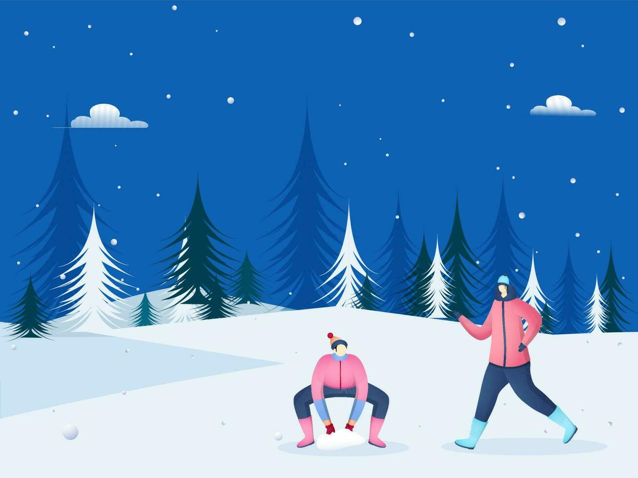 sin rostro hombres personaje disfrutando nieve con árbol decorado en azul y blanco antecedentes. vector