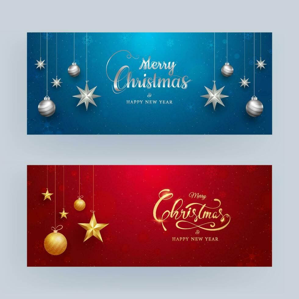 Merry Christmas and Happy New Year Header or Banner Design decorated with Stars and Baubles in two color. vector