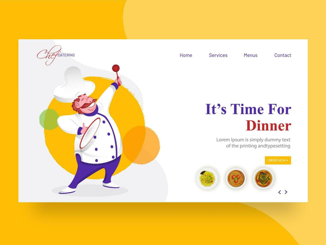 Web banner or landing page design with happy chef character and given message as It's Time For Dinner. vector