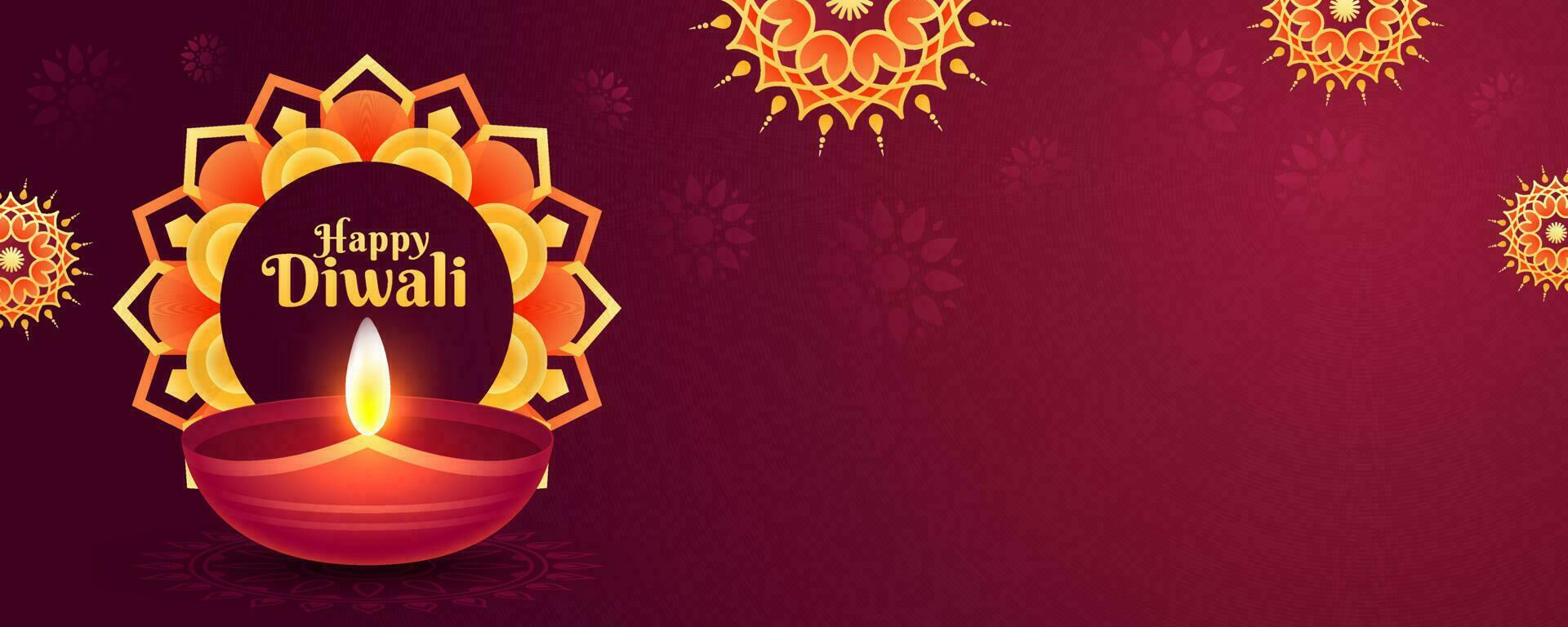 Website header or banner design decorated with mandala pattern and illuminated oil lamp for Happy Diwali celebration. vector
