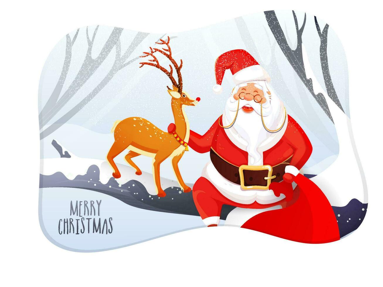 Illustration of happy santa claus holding bag with reindeer on snowy forest background for Merry Christmas celebration greeting card design. vector