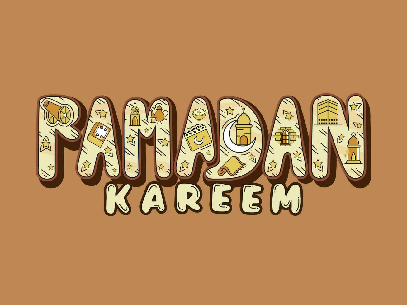 Creative Ramadan Kareem Text Printed with Islamic Elements on Brown Background. vector