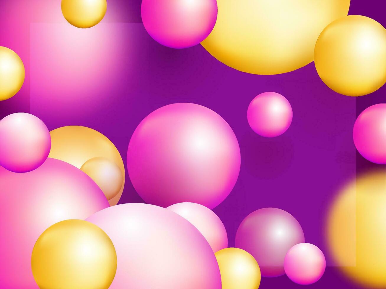 amarillo y rosado 3d resumen burbujas o geométrico pelotas decorado en púrpura antecedentes. vector