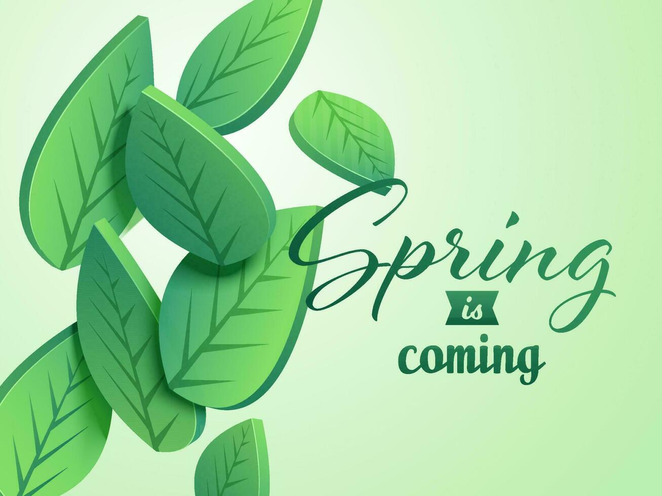 Spring Is Coming Font with 3D Leaves on Glossy Green Background. vector