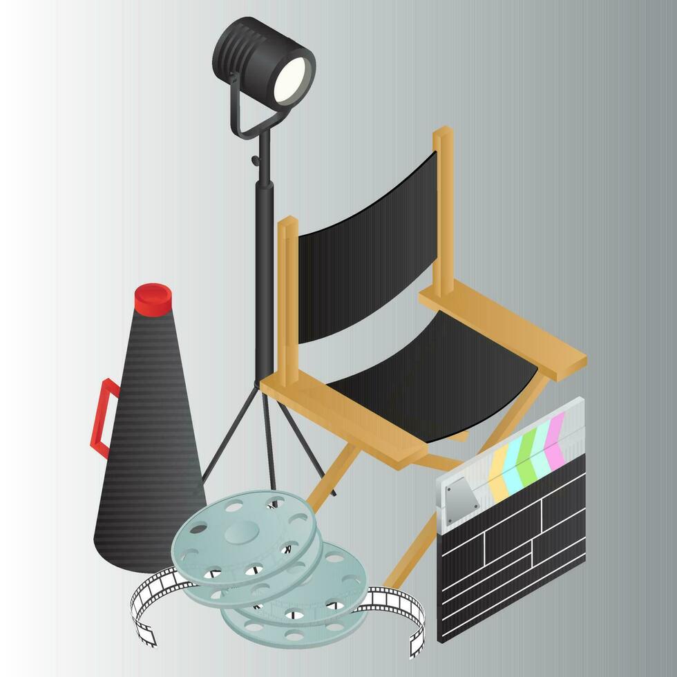 3d director silla con vídeo cámara estudio ligero película carrete, badajo y megáfono en gris antecedentes. vector