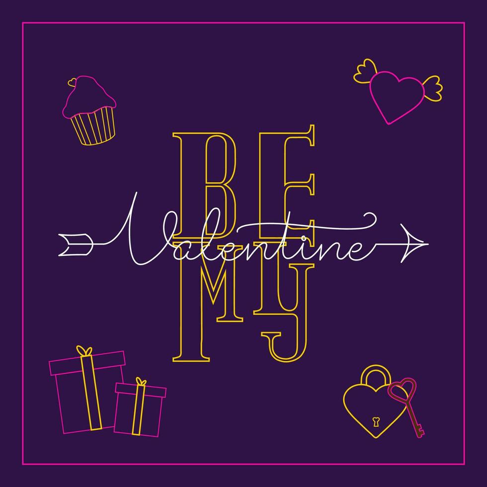 Be My Valentine's Message Text with Line Art Love Angel, Cupcake, Gift Boxes and Locked Heart with Key on Purple Background. vector