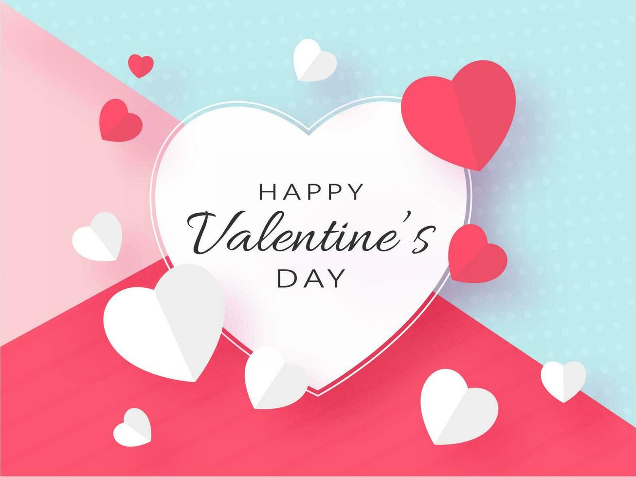 Happy Valentine's Day Text with Red and White Paper Hearts Decorated on Colorful Abstract Background. vector