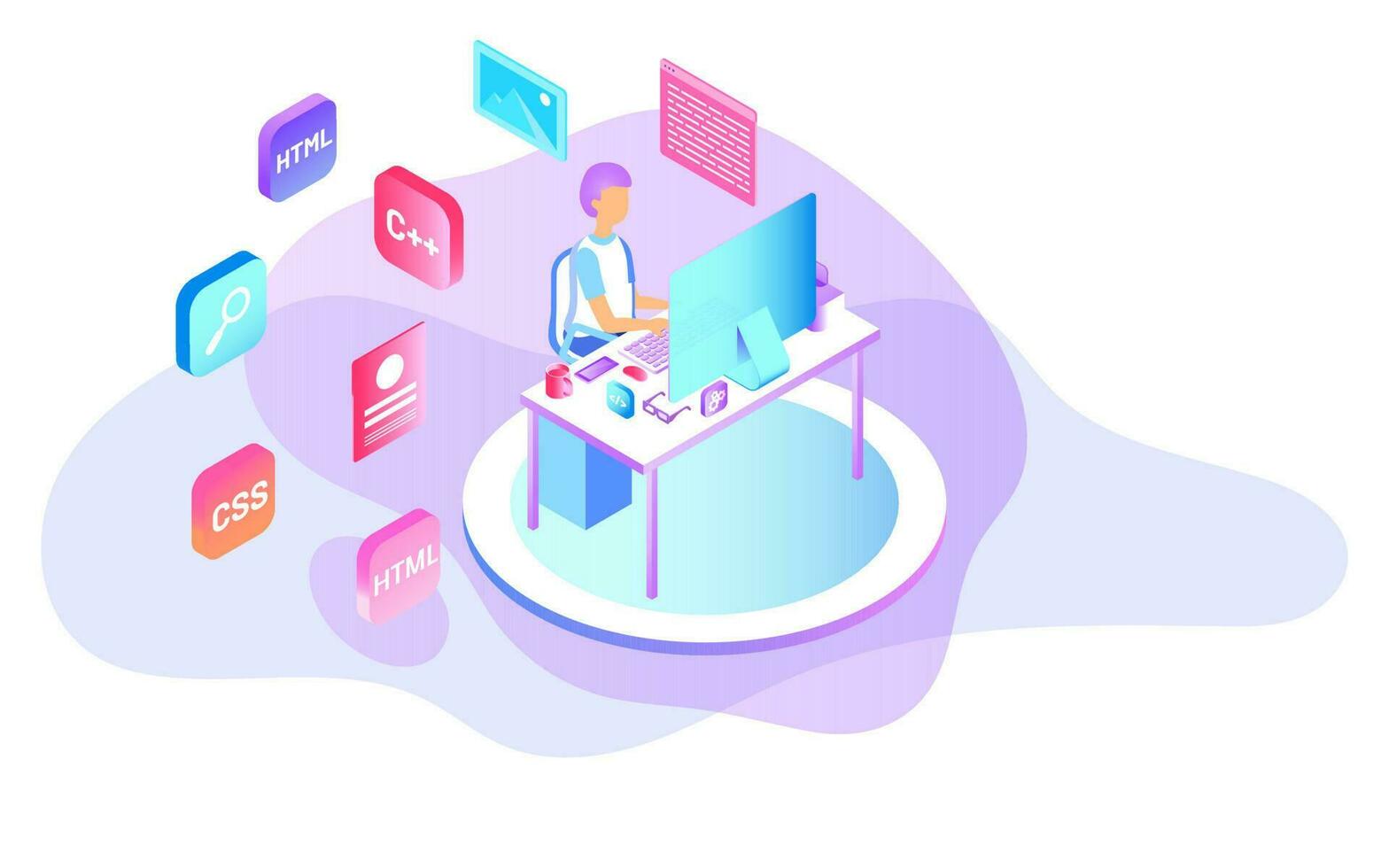 Analyst or developer searching the problem on computer with different programing languages for Web Development concept based isometric design. vector