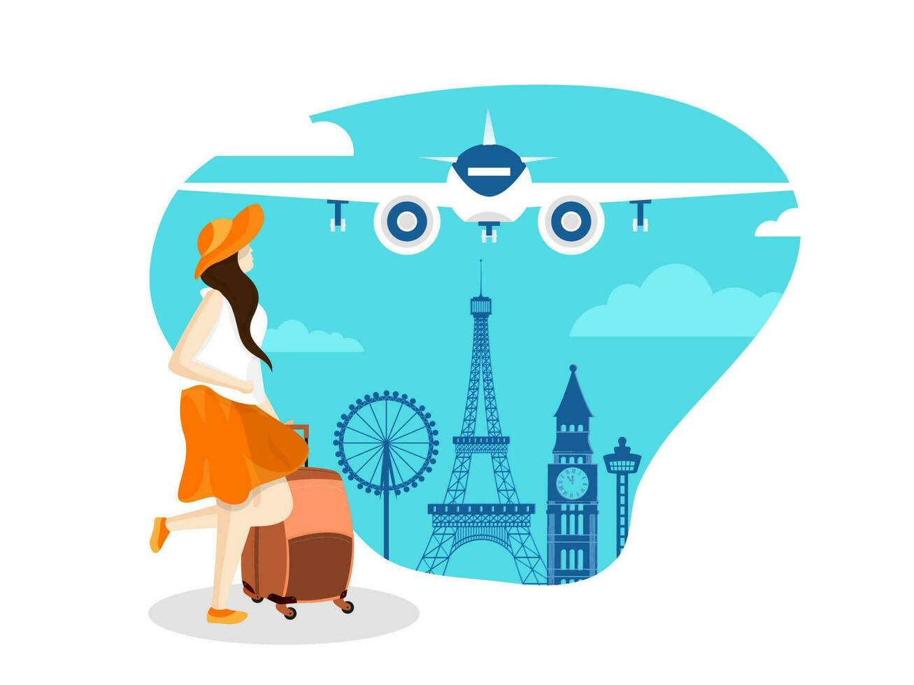 Poster or banner design with illustration of young woman holding luggage bag going to Foreign trip or vacation. vector