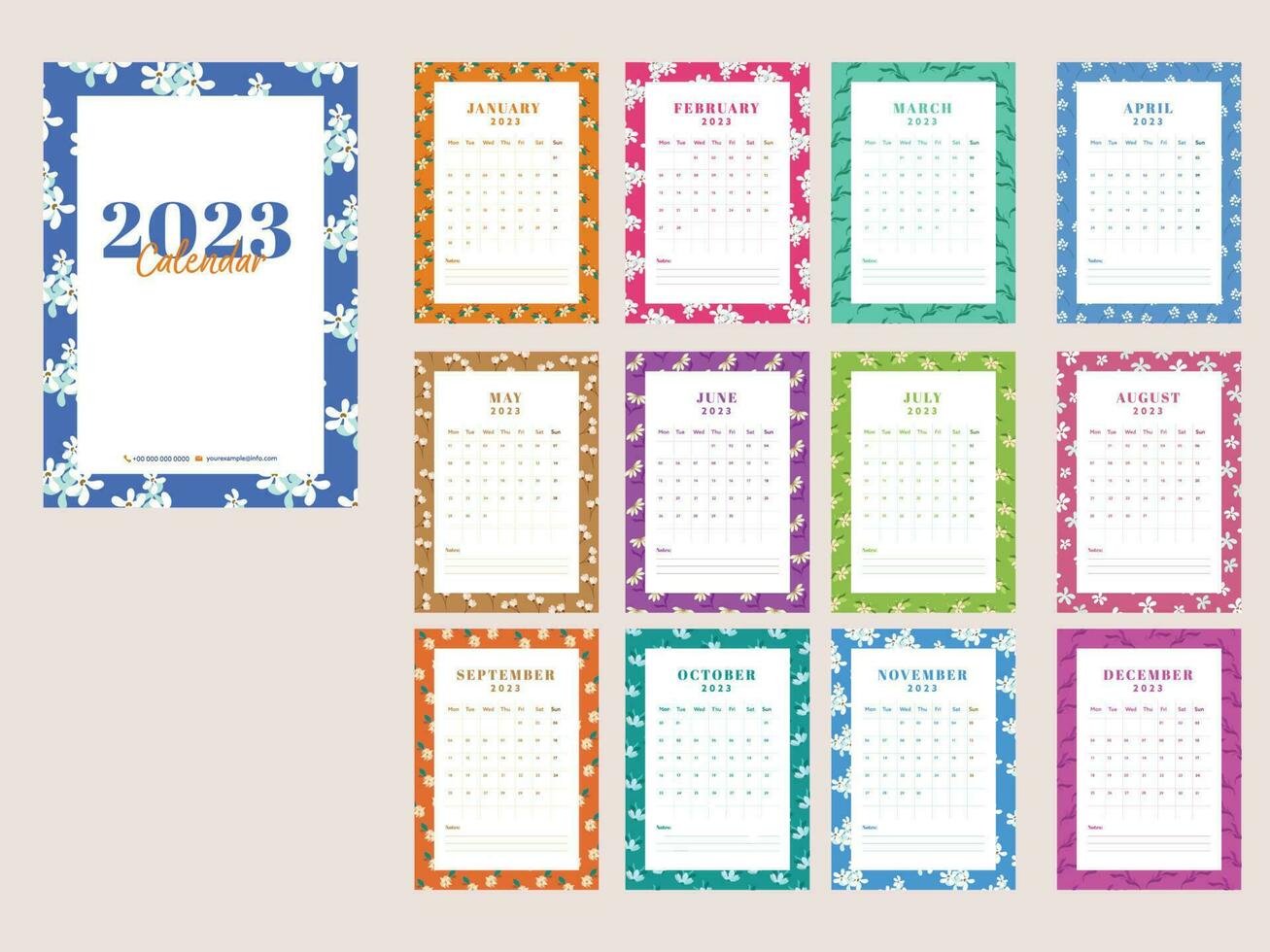 12 Month, 2023 Calendar Template Layout With Floral Border For Publishing. vector